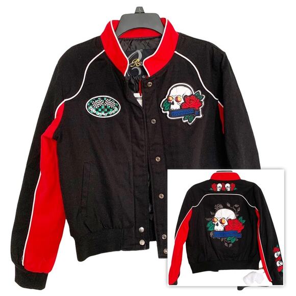 Red Fox Jeans Black Varsity Skull Bomber Jacket Size Large NWT
